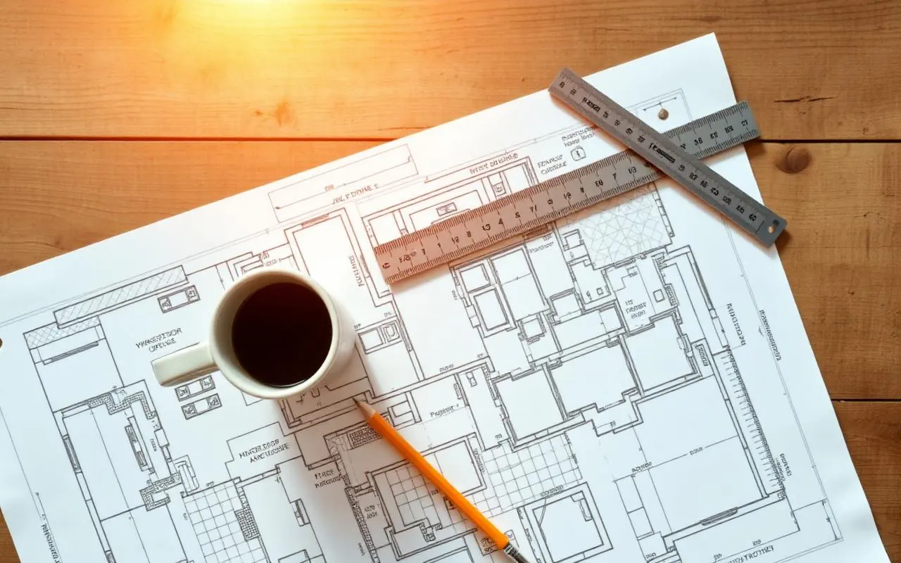 Blueprints, coffee mug, and a steel ruler on a wooden table